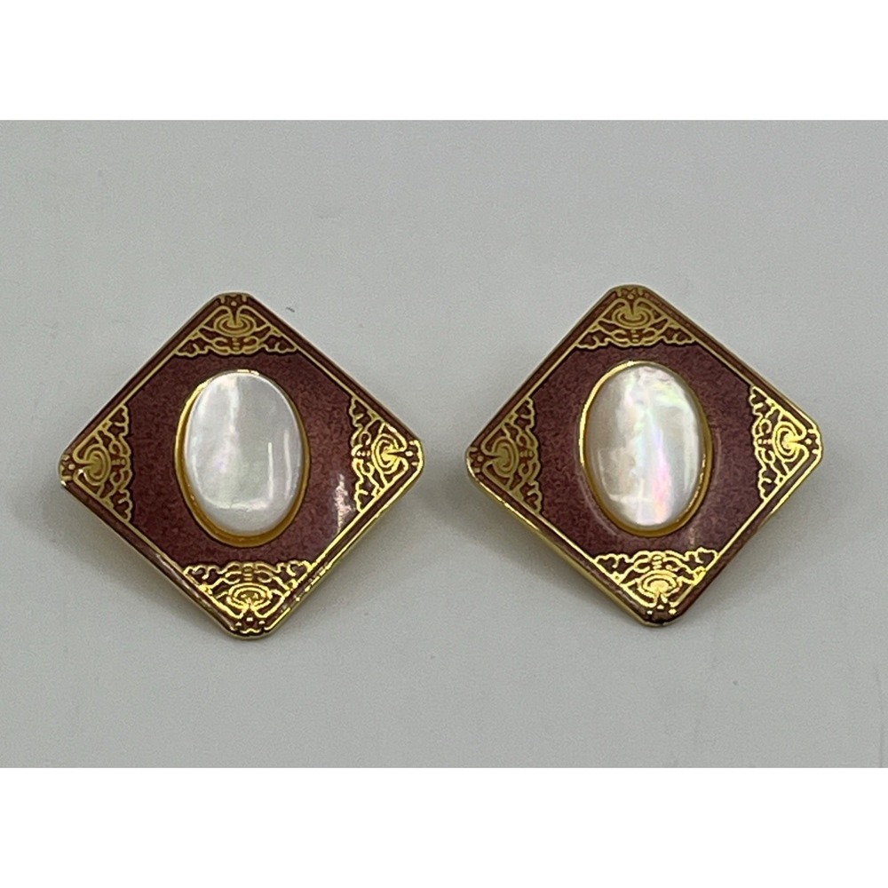 Beautiful Vtg Mother Of Pearl Design Square Clip On Earrings Filigree Gold Tone